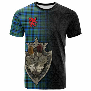 Scottish Falconer Clan Tartan T-Shirt - Half Thistle Flowers Celtic Design Front Side Tartan Plaid