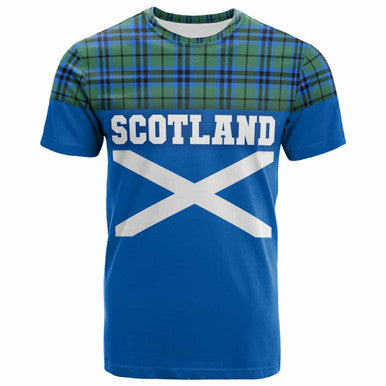 Scottish Falconer Clan Tartan T-Shirt - Lion Rampant of Scotland With Flag Front Side Tartan Plaid