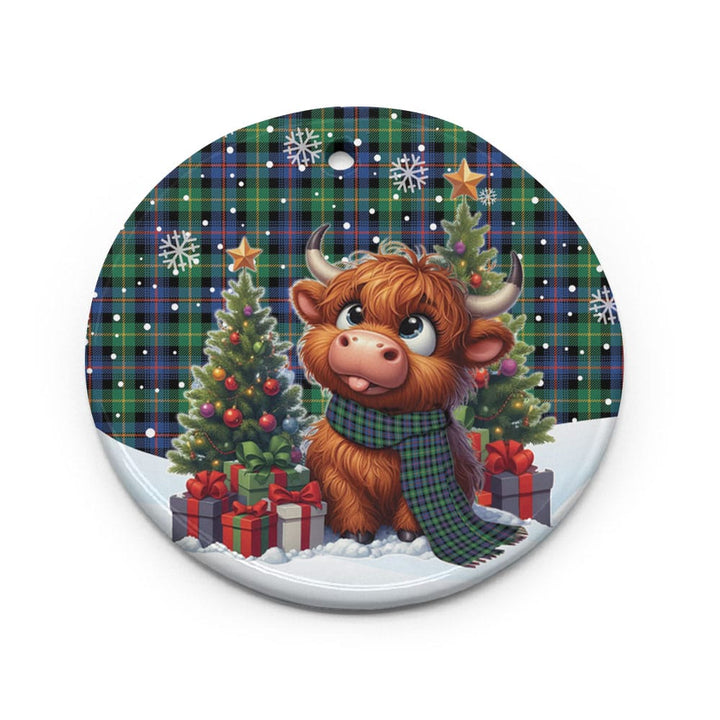 Scottish Farquharson Ancient Clan Tartan Ceramic Ornament Cute Highland Cow Christmas Circle Style Tartan Plaid