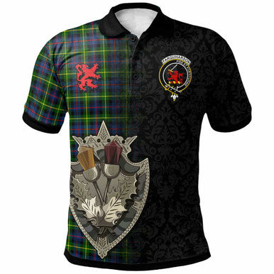 Scottish Farquharson Clan Crest Tartan Polo Shirt - Half Thistle Flowers Celtic Design Front Side Tartan Plaid