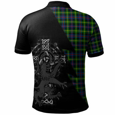 Scottish Farquharson Clan Crest Tartan Polo Shirt - Lion Rampant Celtic Cross Flash Style Back Side Tartan Plaid