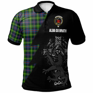 Scottish Farquharson Clan Crest Tartan Polo Shirt - Lion Rampant Celtic Cross Flash Style Front Side Tartan Plaid