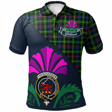 Scottish Farquharson Clan Crest Tartan Polo Shirt - Scotland Thistle Style Front Side Tartan Plaid