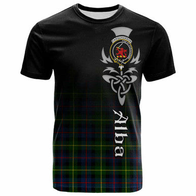 Scottish Farquharson Clan Crest Tartan T-Shirt - Alba Gu Brath Family Crest Celtic Inspired Front Side Tartan Plaid