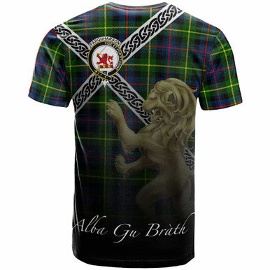 Scottish Farquharson Clan Crest Tartan T-Shirt - Celtic With Scotland Lion Back Side Tartan Plaid