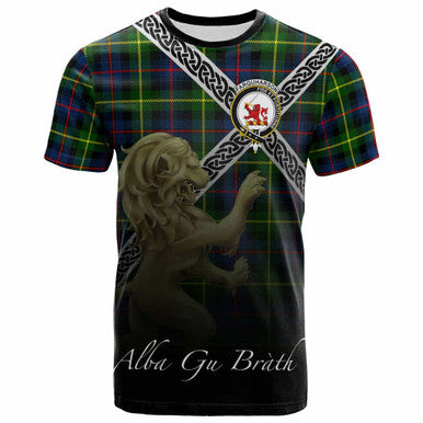 Scottish Farquharson Clan Crest Tartan T-Shirt - Celtic With Scotland Lion Front Side Tartan Plaid