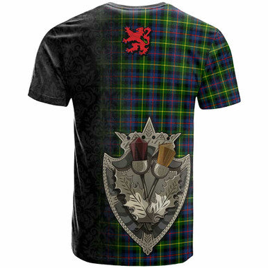 Scottish Farquharson Clan Crest Tartan T-Shirt - Half Thistle Flowers Celtic Design Back Side Tartan Plaid
