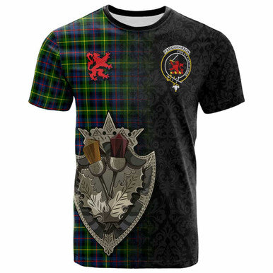 Scottish Farquharson Clan Crest Tartan T-Shirt - Half Thistle Flowers Celtic Design Front Side Tartan Plaid