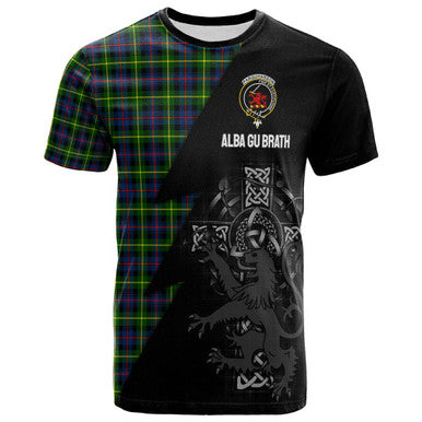 Scottish Farquharson Clan Crest Tartan T-Shirt - Lion Rampant Celtic Cross Flash Style Front Side Tartan Plaid