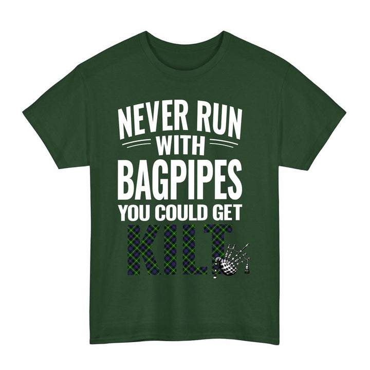 Scottish Farquharson Modern Clan Tartan Never Run With Bagpipes T-Shirt Tartan Plaid Forest Green Color