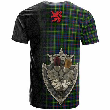 Scottish Farquharson Modern Clan Tartan T-Shirt - Half Thistle Flowers Celtic Design Back Side Tartan Plaid