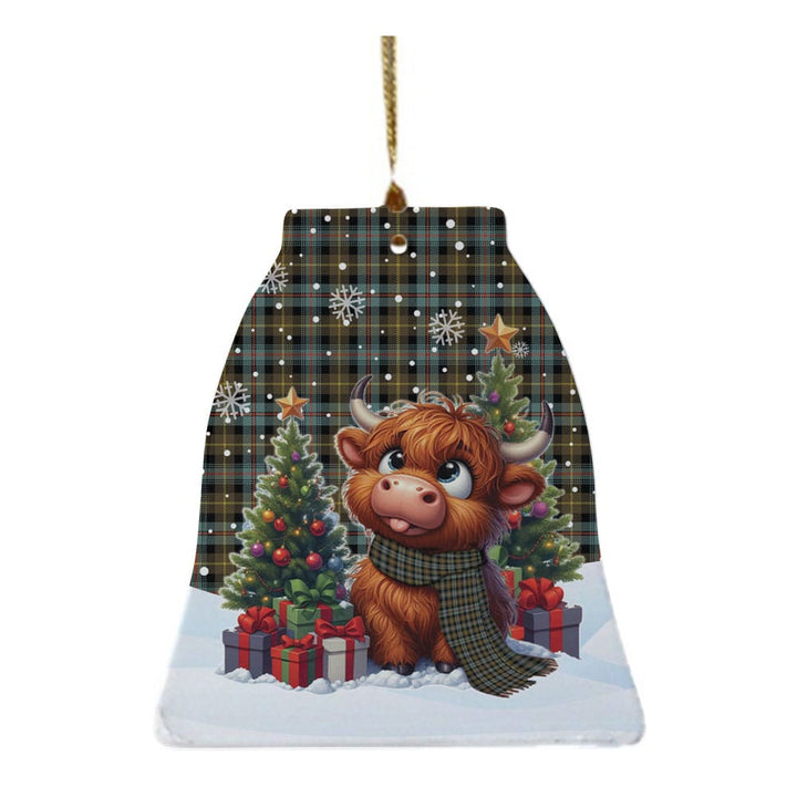 Scottish Farquharson Weathered Clan Tartan Ceramic Ornament Cute Highland Cow Christmas Bell Style Tartan Plaid