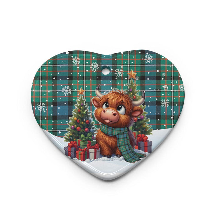 Scottish Ferguson Ancient Clan Tartan Ceramic Ornament Cute Highland Cow Christmas Heart Style Tartan Plaid