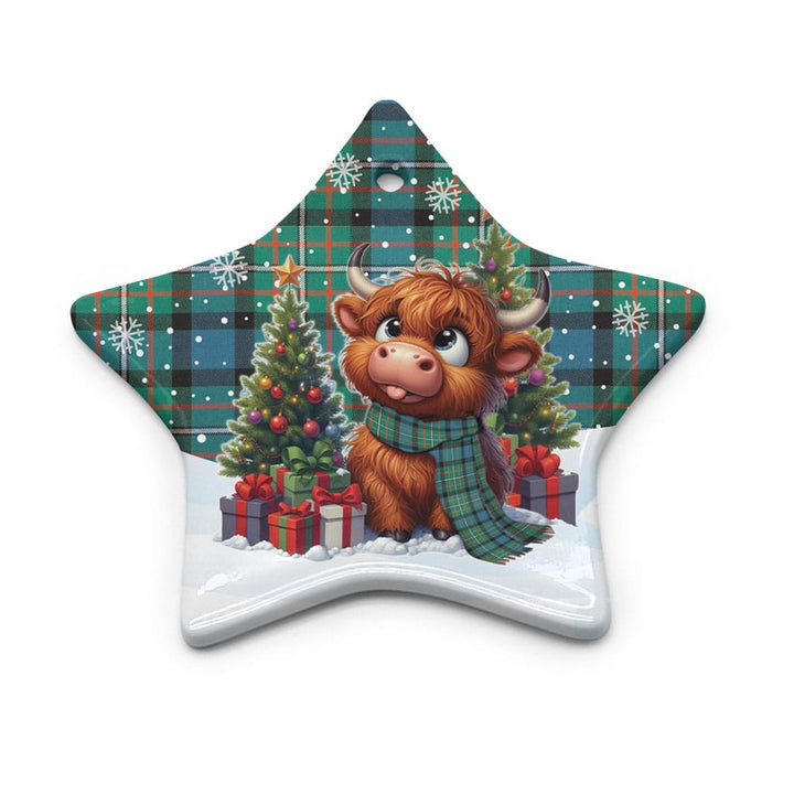 Scottish Ferguson Ancient Clan Tartan Ceramic Ornament Cute Highland Cow Christmas Star Style Tartan Plaid