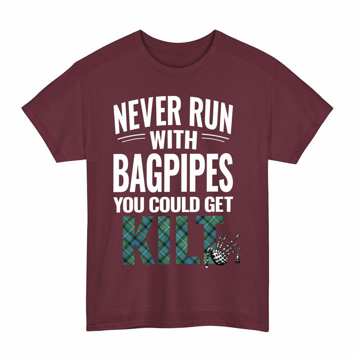 Scottish Ferguson Ancient Clan Tartan Never Run With Bagpipes T-Shirt Tartan Plaid Maroon Color