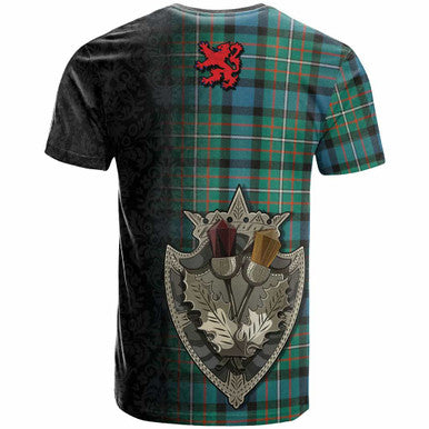 Scottish Ferguson Ancient Clan Tartan T-Shirt - Half Thistle Flowers Celtic Design Back Side Tartan Plaid
