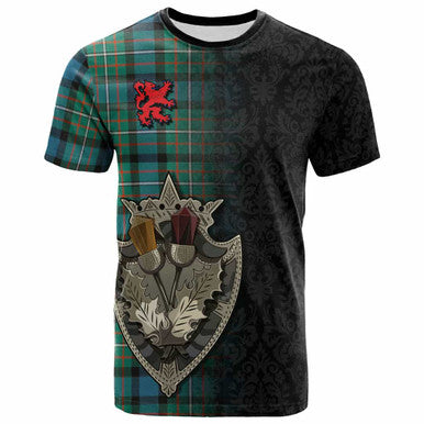Scottish Ferguson Ancient Clan Tartan T-Shirt - Half Thistle Flowers Celtic Design Front Side Tartan Plaid