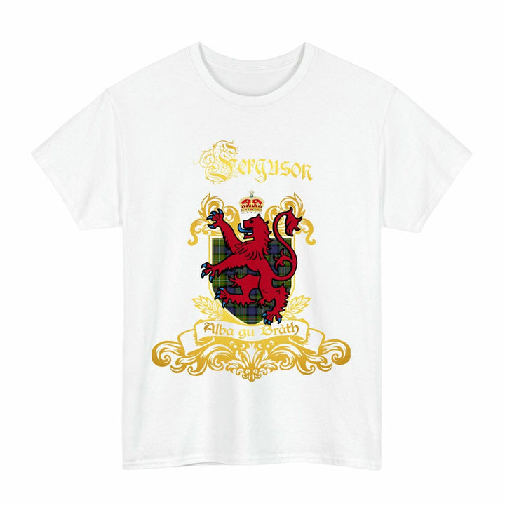 Scottish Ferguson Clan Tartan Lion Rampant of Scotland T-Shirt Tartan Plaid White Color