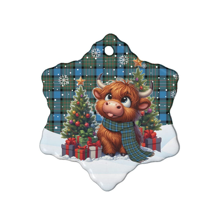 Scottish Fergusson Ancient Clan Tartan Ceramic Ornament Cute Highland Cow Christmas Snow Flake Style Tartan Plaid