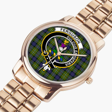 Scottish Fergusson Clan Crest Tartan Folding Clasp Steel Quartz Watches Tartan Plaid Rose Gold 2
