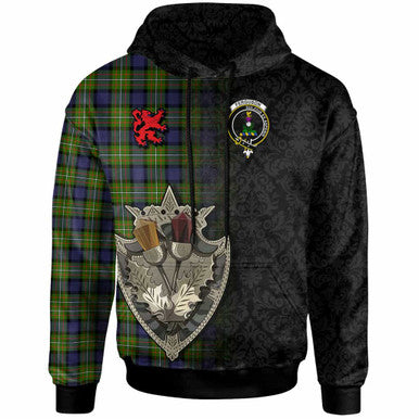 Scottish Fergusson Clan Crest Tartan Hoodie - Half Thistle Flowers Celtic Design Front Side Tartan Plaid