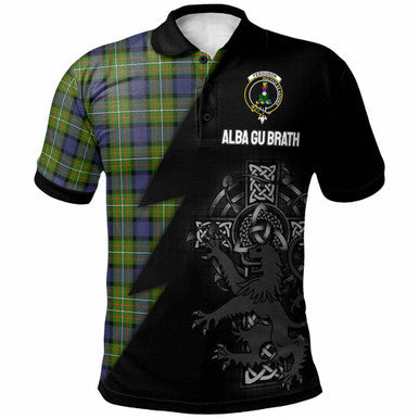 Scottish Fergusson Clan Crest Tartan Polo Shirt - Lion Rampant Celtic Cross Flash Style Front Side Tartan Plaid