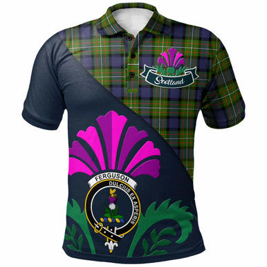 Scottish Fergusson Clan Crest Tartan Polo Shirt - Scotland Thistle Style Front Side Tartan Plaid