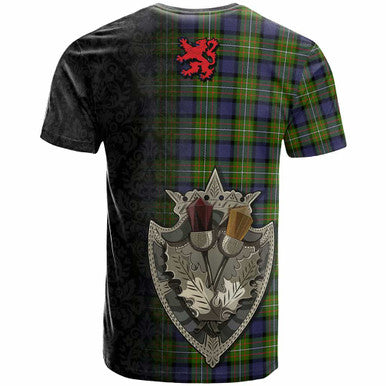 Scottish Fergusson Clan Crest Tartan T-Shirt - Half Thistle Flowers Celtic Design Back Side Tartan Plaid