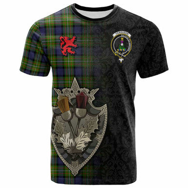 Scottish Fergusson Clan Crest Tartan T-Shirt - Half Thistle Flowers Celtic Design Front Side Tartan Plaid