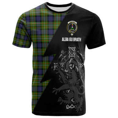 Scottish Fergusson Clan Crest Tartan T-Shirt - Lion Rampant Celtic Cross Flash Style Front Side Tartan Plaid