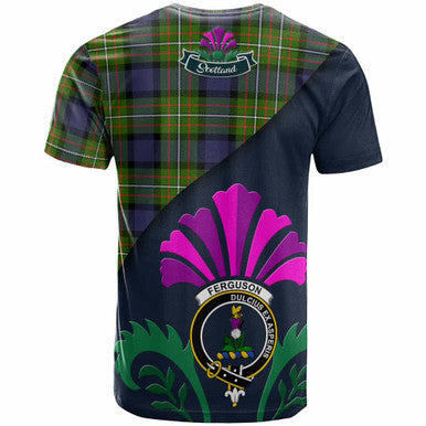 Scottish Fergusson Clan Crest Tartan T-Shirt - Scotland Thistle Style Back Side Tartan Plaid