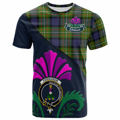 Scottish Fergusson Clan Crest Tartan T-Shirt - Scotland Thistle Style Front Side Tartan Plaid