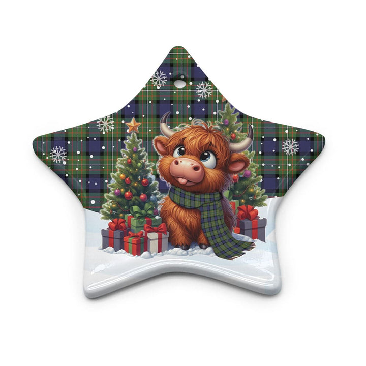Scottish Fergusson Modern Clan Tartan Ceramic Ornament Cute Highland Cow Christmas Star Style Tartan Plaid
