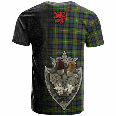 Scottish Fergusson Modern Clan Tartan T-Shirt - Half Thistle Flowers Celtic Design Back Side Tartan Plaid