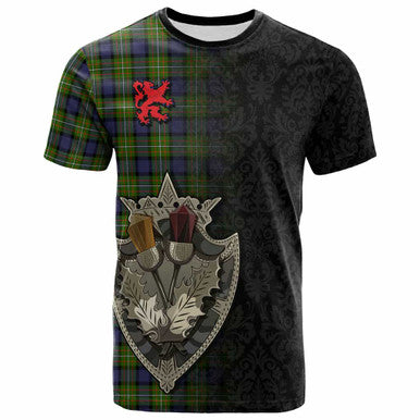 Scottish Fergusson Modern Clan Tartan T-Shirt - Half Thistle Flowers Celtic Design Front Side Tartan Plaid