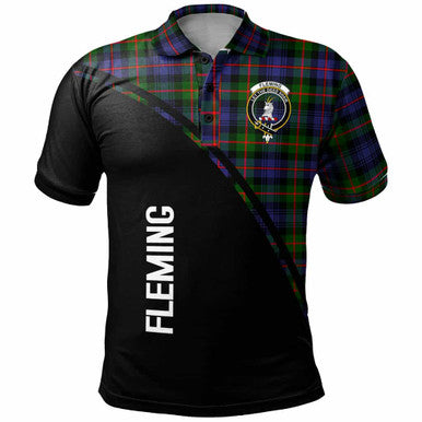 Scottish Fleming Clan Crest Tartan Curve Polo Shirt Front Side Tartan Plaid