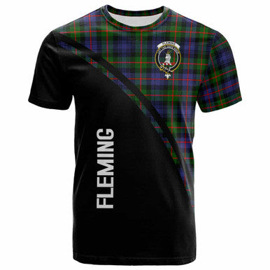 Scottish Fleming Clan Crest Tartan Curve T-Shirt Front Side Tartan Plaid