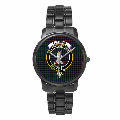Scottish Fleming Clan Crest Tartan Folding Clasp Steel Quartz Watches Tartan Plaid Black 1