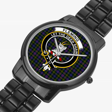 Scottish Fleming Clan Crest Tartan Folding Clasp Steel Quartz Watches Tartan Plaid Black 2