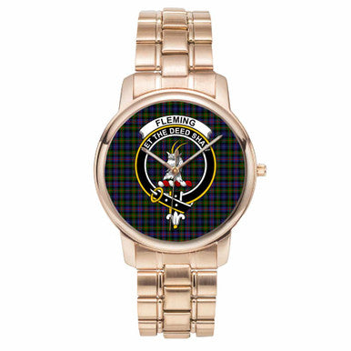 Scottish Fleming Clan Crest Tartan Folding Clasp Steel Quartz Watches Tartan Plaid Rose Gold 1
