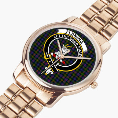 Scottish Fleming Clan Crest Tartan Folding Clasp Steel Quartz Watches Tartan Plaid Rose Gold 2