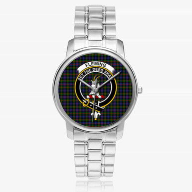 Scottish Fleming Clan Crest Tartan Folding Clasp Steel Quartz Watches Tartan Plaid Silver 1