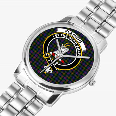 Scottish Fleming Clan Crest Tartan Folding Clasp Steel Quartz Watches Tartan Plaid Silver 2