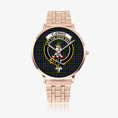 Scottish Fleming Clan Crest Tartan Instafamous Steel Quartz Watches Tartan Plaid Rose Gold 1