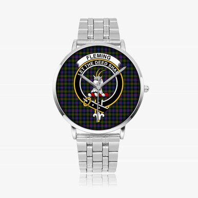 Scottish Fleming Clan Crest Tartan Instafamous Steel Quartz Watches Tartan Plaid Silver 1
