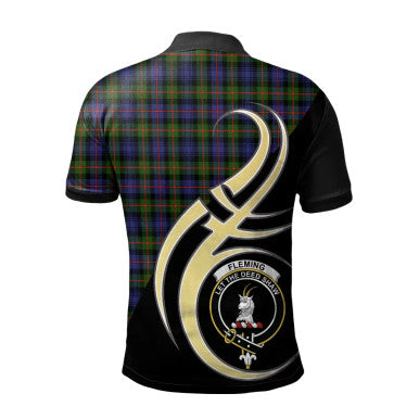 Scottish Fleming Clan Crest Tartan Polo Shirt Believe in Me Back Side Tartan Plaid