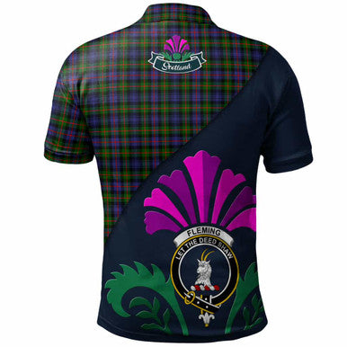Scottish Fleming Clan Crest Tartan Polo Shirt - Scotland Thistle Style Back Side Tartan Plaid