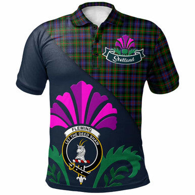 Scottish Fleming Clan Crest Tartan Polo Shirt - Scotland Thistle Style Front Side Tartan Plaid