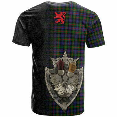 Scottish Fleming Clan Crest Tartan T-Shirt - Half Thistle Flowers Celtic Design Back Side Tartan Plaid
