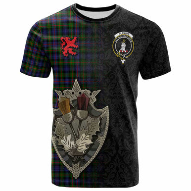 Scottish Fleming Clan Crest Tartan T-Shirt - Half Thistle Flowers Celtic Design Front Side Tartan Plaid